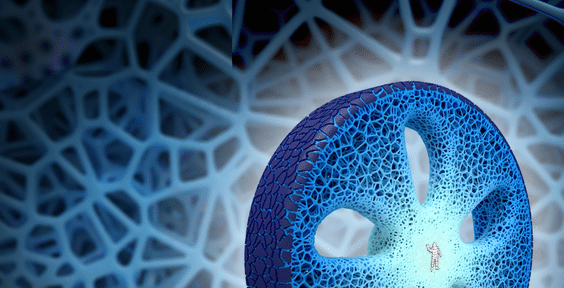 Image 3D illustrant le concept Vision, le pneu du futur. Cette représentation futuriste présente une structure organique, alvéolée, semblable à celle d'une éponge, avec de nombreuses perforations.