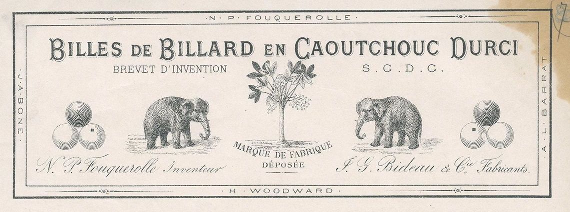 Extrait d'une illustration publicitaire imprimée. Il est possible de lire en titre "Billes de Billard en Caoutchouc Durcis, Brevet déposé". L'image contient plusieurs dessins : des balles de billard, deux éléphants et un arbre.