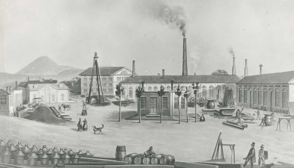 Une illustration en noir et blanc, réalisée au crayon, présente l'usine des Carmes en 1829.