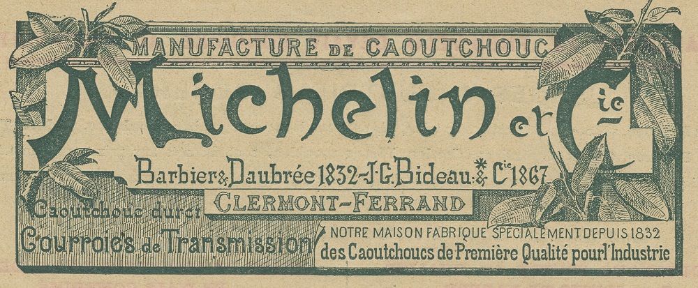 Illustration of the first logo of 'Michelin & Cie'. The typography is imbued with the 'Art Nouveau' style, characteristic of this era. The letters are made up of soft, curved shapes.