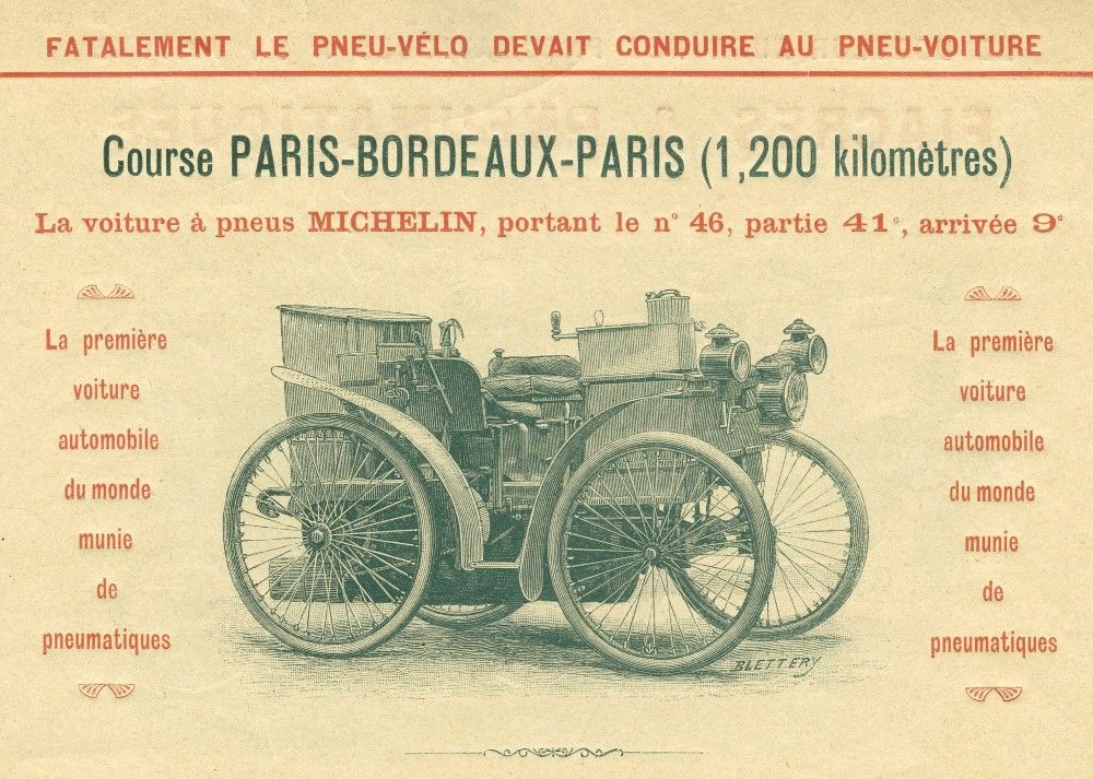 Brochure with engraving of 'L'Eclair', the first car in the world equipped with tires.