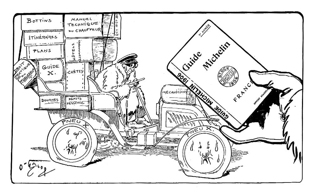 Cartoon drawing illustrating the practicality of the Michelin guide for peaceful travel. A man loaded with numerous manuals (maps, itineraries, technical manuals, hotel and restaurant directories, etc.) is in distress, a drop of sweat beading on his face. A hand offers him the solution: a single book, simple and complete - the Michelin guide.