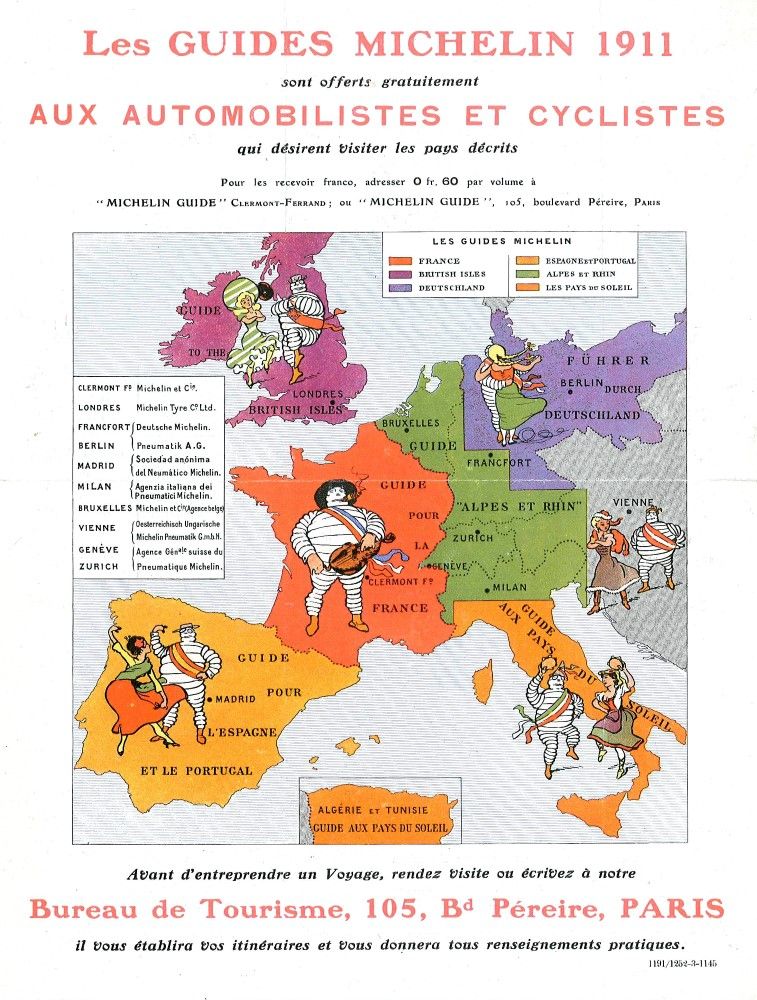 Carte montrant les différents pays concernés par les conseils du Guide Michelin : la France, bien sûr, mais aussi l'Espagne, l'Italie, l'Angleterre ou encore l'Allemagne.