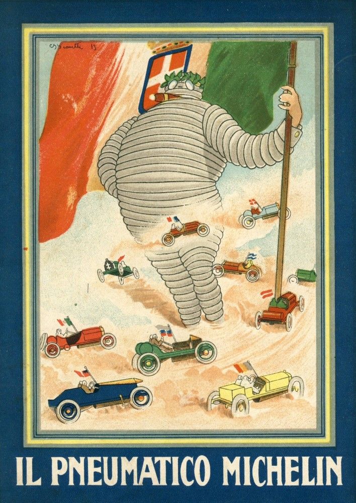 Illustration de la première de couverture du journal interne Michelin de 1914 : Le Bibendum tient le drapeau italien. Il est entouré de voitures de différentes formes et couleurs. Chaque automobile arbore un drapeau de nationalité différente. Le titre "Il Pneumatico Michelin" est inscrit en bas de l'affiche.