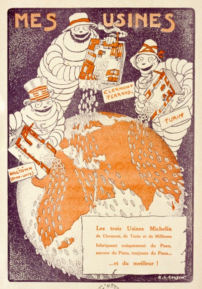 Dessin humoristique de 1914 illustrant les débuts de l'expansion internationale de Michelin. Au-dessus de la Terre, trois Bibendum tiennent chacun l'une des usines de production. Leurs réserves de pneus se déversent partout sur le globe.
