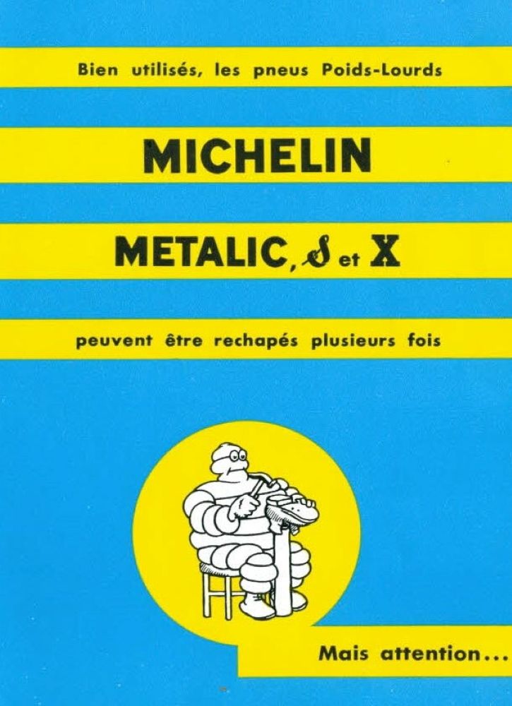 Illustration of the Michelin Man seated repairing the sole of a shoe.