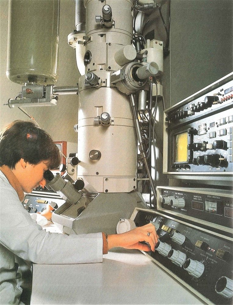 The photograph shows a scientist observing inside a large microscope.