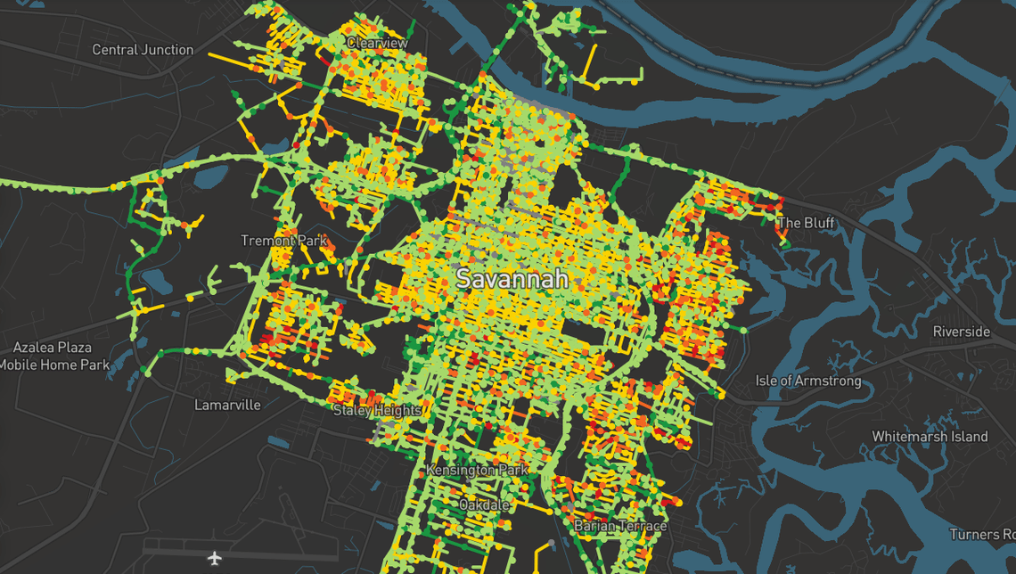Plan de la ville de Savannah mettant en évidence différents types de zones grâce à la collecte de données.