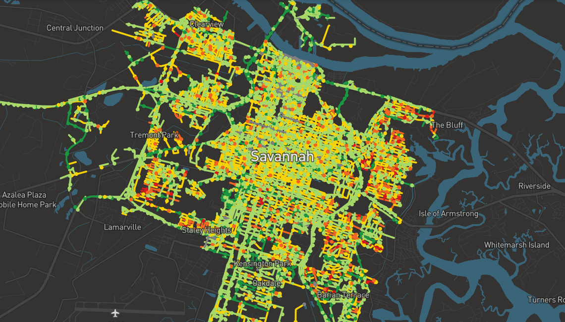 Plan de la ville de Savannah mettant en évidence différents types de zones grâce à la collecte de données.