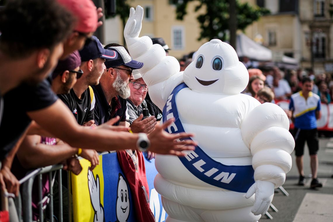 The Michelin Man, icon of the brand, acclaimed by the public at the roadside