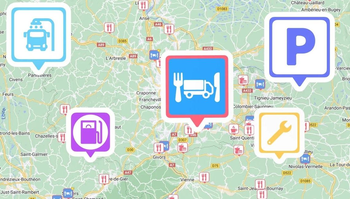 Image présentant une carte avec les services proposés par l'application Truckfly